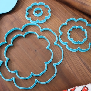 May include: Three blue plastic cookie cutters shaped like flowers, with the largest cutter having two smaller cutters inside it. The cutters are on a wooden surface.