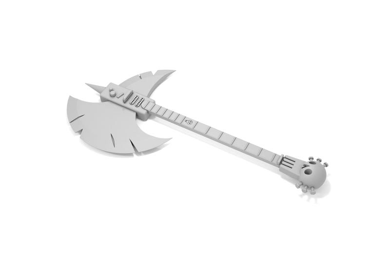 Puede incluir: Un hacha plateada con un mango en forma de guitarra y una cabeza en forma de calavera. La cabeza del hacha tiene una hoja afilada y una punta puntiaguda.