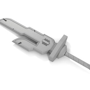 May include: A silver-colored sword with a unique, angular design. The blade is double-edged and has a textured surface. The hilt is decorated with a series of small, circular details.