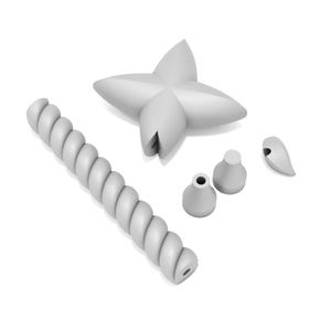 May include: A set of five gray silicone molds for making candles. The molds include a star, a twisted rope, and three different sized teardrop shapes.