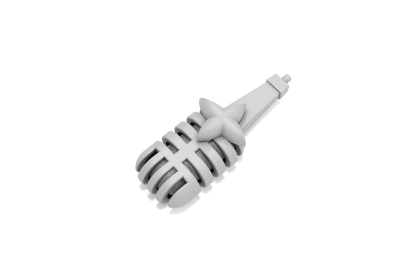 May include: A white microphone with a star-shaped design on the top. The microphone is made of plastic and has a silver finish.