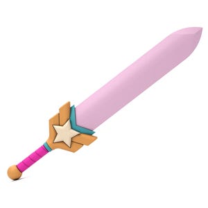 May include: A pastel pink toy sword with a star-shaped hilt. The hilt features a gold star, teal accents, and a pink handle. The sword's blade is a soft pink color, and the handle has a pink grip.