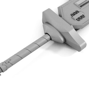 May include: A silver-colored sword with a detailed handle and a futuristic design. The blade has a series of grooves and a rectangular shape.
