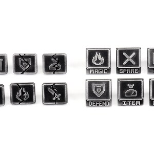 May include: Nine black and silver metal game tokens with various symbols and text, including "ACT", "FIGHT", "MAGIC", "DEFEND", "ITEM", and "SPARE".