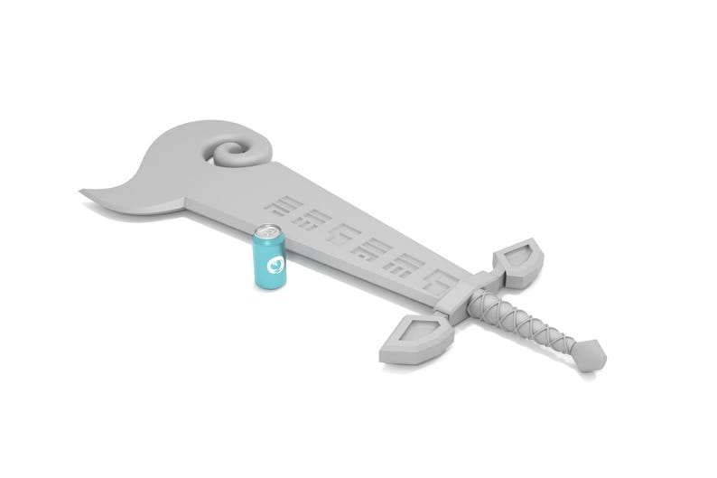 May include: A gray plastic toy sword with a blue can next to it. The sword has a curved handle and a blade with a pattern of squares.