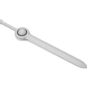 May include: A white sword with a round, silver pommel. The sword has a sharp point and a straight blade.