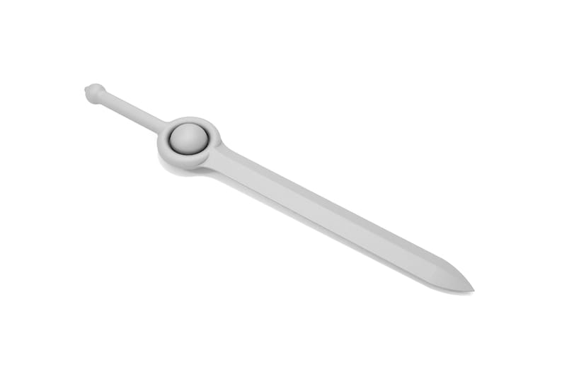 May include: A white sword with a round, silver pommel. The sword has a sharp point and a straight blade.