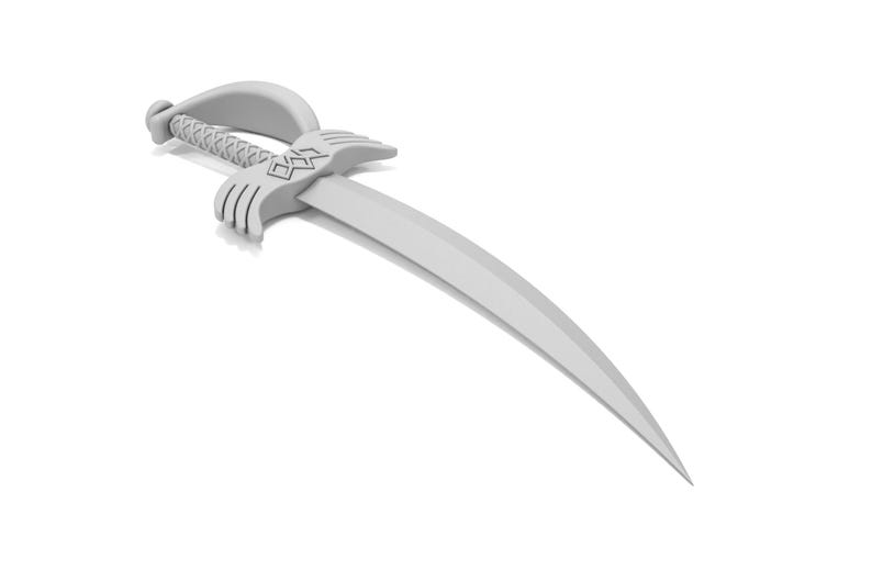 Peut inclure: Une &eacute;p&eacute;e argent&eacute;e avec une lame incurv&eacute;e et une poign&eacute;e d&eacute;corative. La poign&eacute;e pr&eacute;sente un motif g&eacute;om&eacute;trique.