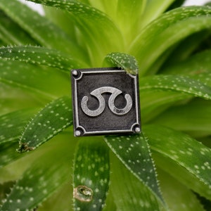 May include: A silver metal pin with a black background and a stylized symbol. The pin is on a green plant.