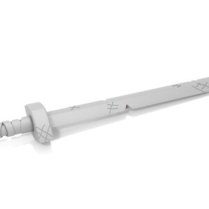 May include: A white plastic toy sword with a rounded handle and a slightly curved blade. The blade has a worn, distressed look with lines etched into the surface.