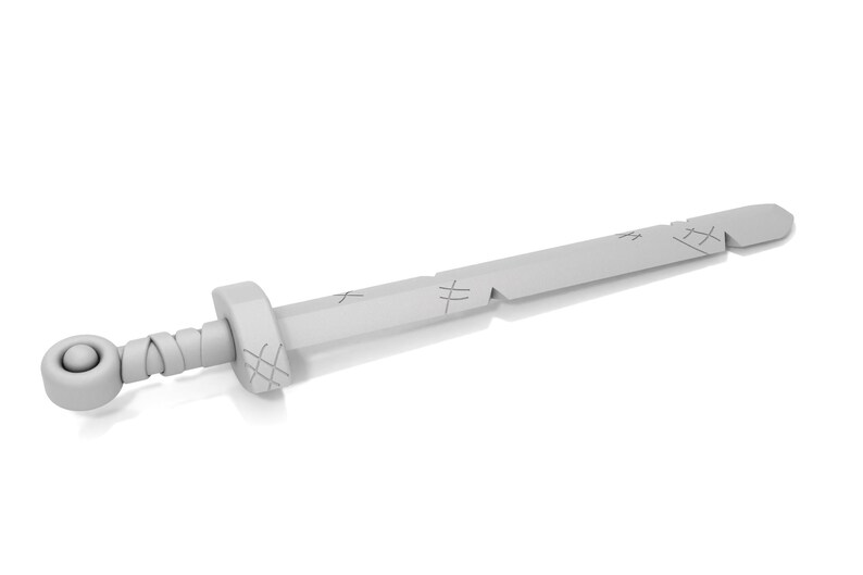 May include: A white plastic toy sword with a rounded handle and a slightly curved blade. The blade has a worn, distressed look with lines etched into the surface.