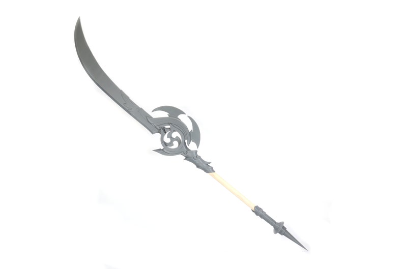 May include: A gray, curved sword with a decorative, intricate design on the hilt. The hilt is made of a light brown material. The sword is sharp and pointed.