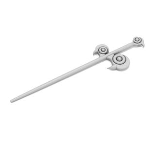 May include: A silver-colored decorative sword with a long, thin blade and a detailed, ornate handle.