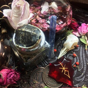May include: A collection of witchy items including a glass jar with a lid, a blue crystal, a dried rose, a pine cone, a red glass star, and a skull-shaped glass jar filled with dried flowers.