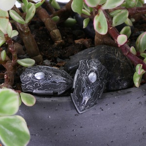 May include: Two small, silver-coloured shields with intricate designs are nestled in a pot of green and white succulents. The shields have a raised, circular design in the centre.