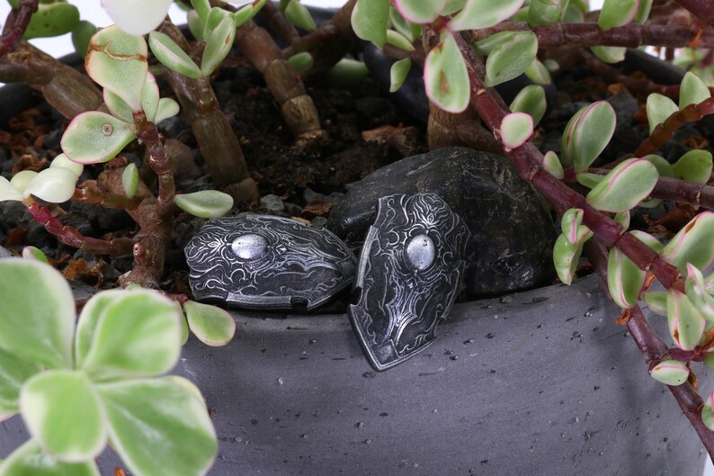 May include: Two small, silver-coloured shields with intricate designs are nestled in a pot of green and white succulents. The shields have a raised, circular design in the centre.