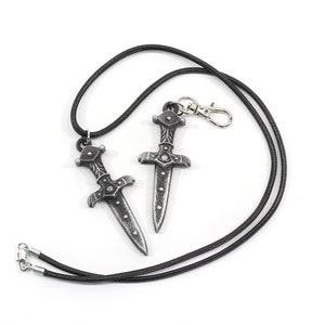 May include: Two silver-toned dagger pendants on a black cord necklace. The necklace has a silver clasp.