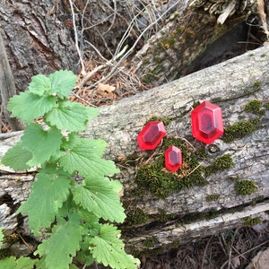 May include: Three red plastic gems, shaped like a rhombus, are arranged on a fallen log in a forest setting. The gems are different sizes, with the largest gem in the center and the smallest gem on the left. The log is covered in moss and surrounded by green leaves.
