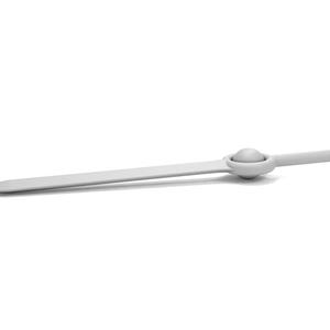 May include: A white sword with a round pommel. The sword is lying on a white surface.
