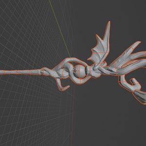 Puede incluir: Un modelo 3D de un bast&oacute;n gris, de dise&ntilde;o intrincado, con una cabeza de drag&oacute;n y alas. El bast&oacute;n est&aacute; hecho de un material retorcido y nudoso y tiene un orbe esf&eacute;rico en el centro.