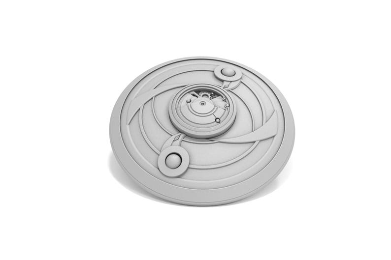 May include: A light gray, circular decorative object with an intricate design. The object features concentric circles, curved lines, and three circular embellishments. The center has a detailed, clock-like mechanism. The overall aesthetic is futuristic and mechanical.