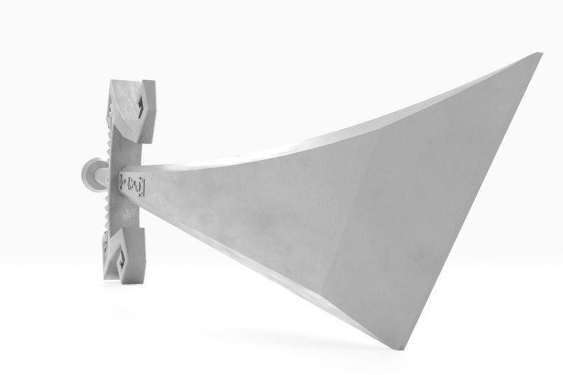 May include: A silver sword with a triangular blade and a detailed hilt. The sword is lying on a white surface.