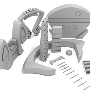 May include: A set of gray plastic building blocks with various shapes and sizes. The blocks are designed to be assembled together to create structures.