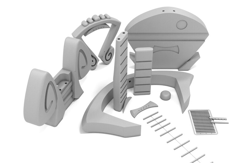 May include: A set of gray plastic building blocks with various shapes and sizes. The blocks are designed to be assembled together to create structures.