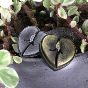 May include: Two broken heart-shaped ornaments, one black and one gold, are nestled in a pot of green and white succulents.