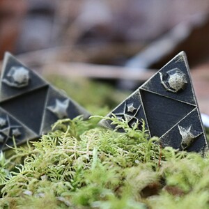 May include: Two black triangular pendants with gold accents and a star design. The pendants are sitting on a bed of green moss.