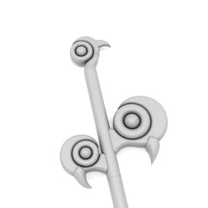 May include: A white, decorative metal finial with three circular details and a pointed tip. The finial is designed to be attached to a pole or other structure.