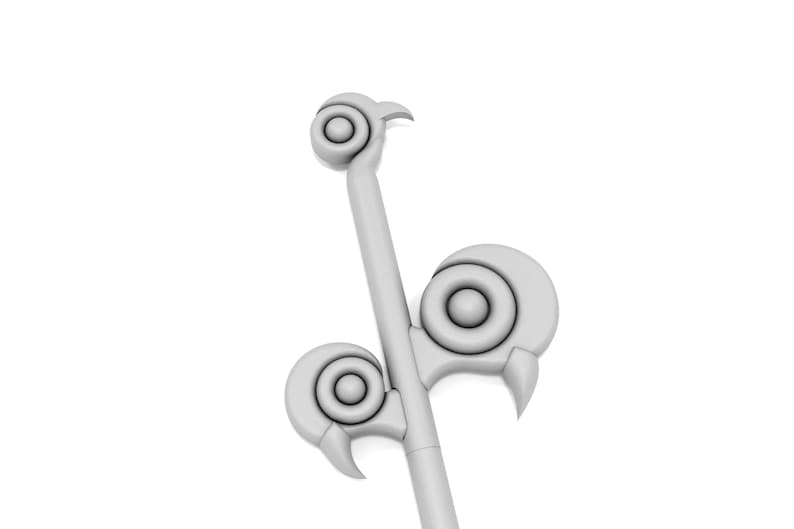 May include: A white, decorative metal finial with three circular details and a pointed tip. The finial is designed to be attached to a pole or other structure.