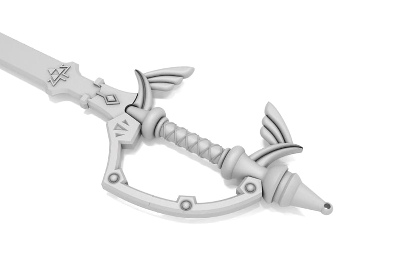 K&ouml;nnte beinhalten: Ein wei&szlig;es Plastikmodell des Master Swords aus der Videospielserie The Legend of Zelda. Das Schwert hat einen detaillierten Griff und eine Klinge mit einem unverwechselbaren Design.