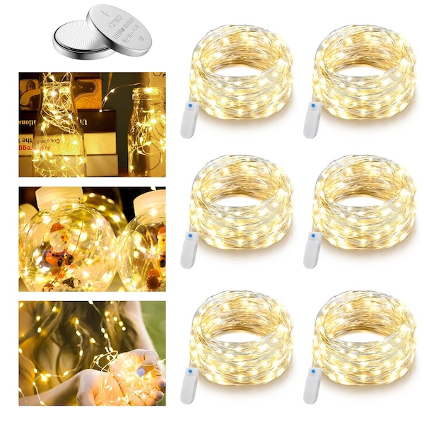 6 pack 30 LED Warm White Battery Operated Fairy Lights 10'Long | Batteries Included | Great for Mason Jars, Holiday Projects etc