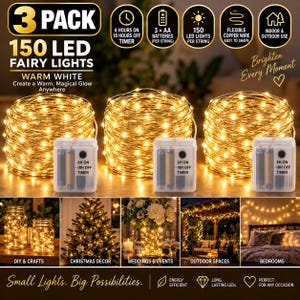 May include: A 3-pack of 150 warm white LED fairy lights on flexible copper wire. Each string includes a battery pack requiring 3 AA batteries with a 6-hour on and 18-hour off timer. The lights are suitable for indoor and outdoor use.