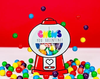 Gumball Machine Valentine Card, DIY Printable Class Valentines, Bubble Gum, Class Valentine, Printable Valentine Day Gift Tag, I Chews You