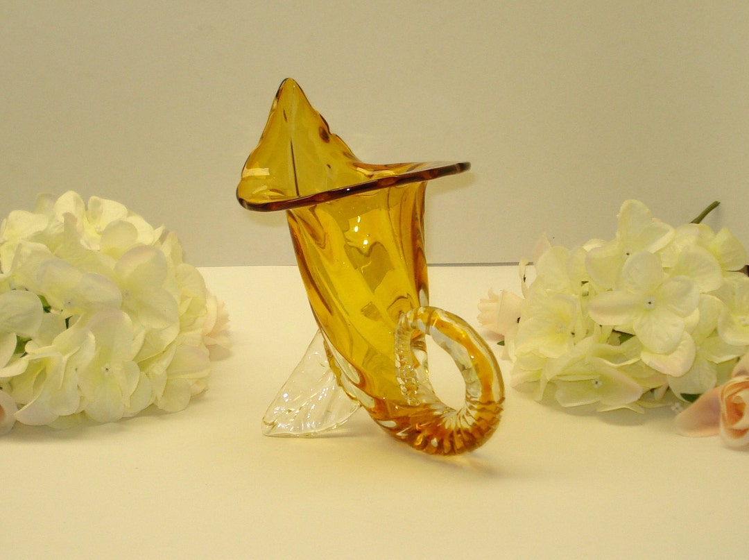 Vintage Blown Glass Cornucopia Vase Vase Amber Glass Vase Etsy