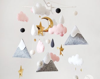 Starry Night Mountain Baby Mobile: Felt Nursery Crib Decoration