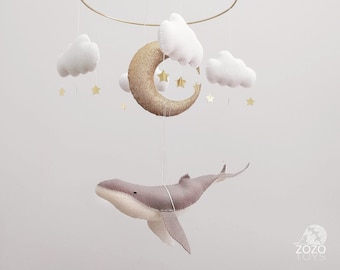 Whale Baby Mobile  - Moon Mobile - Grey Whale Nursery Mobile - Neutral Mobile - Ocean Baby Crib Mobile - Baby Shower Gift - Nautical Mobile