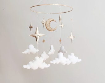 Stars and Clouds Baby Mobile Boy - Starry Night Nursery Mobile - Neutral Baby Mobile - Moon Stars Baby Crib Mobile - Space Mobile