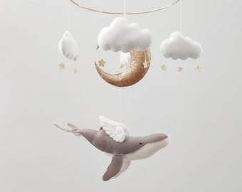 Whale Baby Mobile  - Moon Mobile - Grey Whale Crib Mobile - Gender Neutral Mobile - Ocean Nursery Mobile - Baby Shower Gift - Wings Mobile