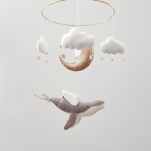 Whale Baby Mobile  - Moon Mobile - Grey Whale Crib Mobile - Gender Neutral Mobile - Ocean Nursery Mobile - Baby Shower Gift - Wings Mobile