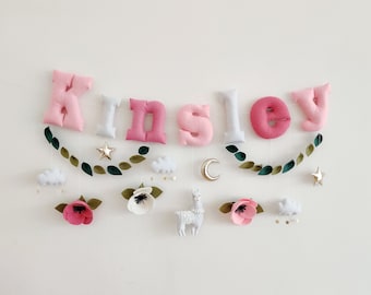 Personalized Name Banner - Llama and Flower Name Banner - Baby Name Garland - Felt Nursery Letters - Name Bunting- Wall Decoration Banner