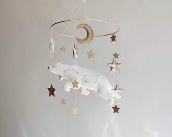 Eisbär Baby Mobile - Weltraum Kinderzimmer Mobile - Gender Neutral Kinderzimmer - Sterne und Mond Babybett Mobile - Weißes Baby Mobile