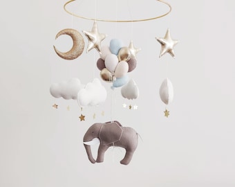 Elephant Baby Mobile  - Boy Mobile - Moon Baby Crib Mobile - Grey Elephant Mobile for Nursery - Neutral Nursery Mobile - Baby Shower Gift