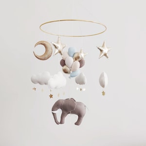 Elephant Baby Mobile: Handmade Nursery Crib Decor - Moon & Stars
