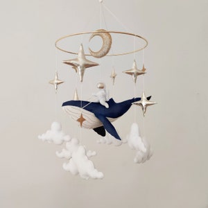 Space Baby Mobile Boy Navy Blue Whale Mobile for Nursery Gender Neutral Baby Mobile Moon Baby Crib Mobile Astronaut Mobile Galaxy image 3