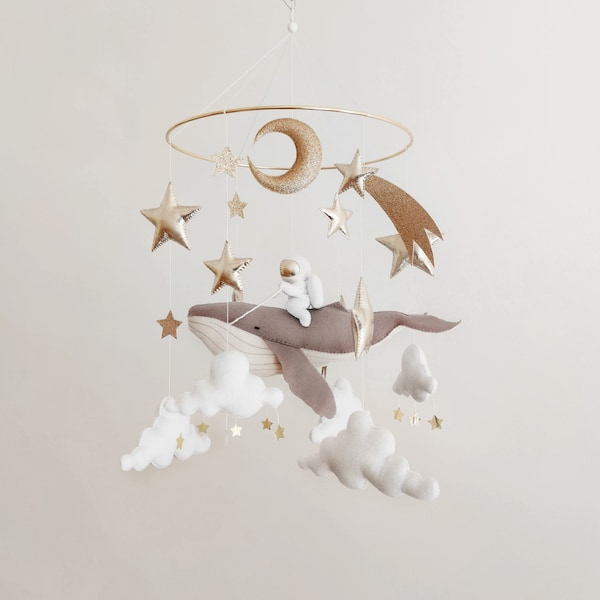 Space Baby Mobile Boy - Grey Whale Mobile for Nursery - Gender Neutral Baby Mobile - Moon Baby Crib Mobile - Nautical Mobile Ocean