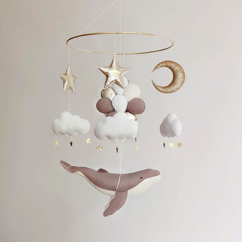 Whale Baby Mobile Fish Mobile Moon Baby Crib Mobile Grey Whale Mobile for Nursery Neutral Nursery Mobile Baby Shower Gift image 2