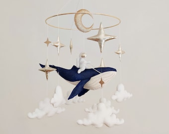 Space Baby Mobile Boy - Navy Blue Whale Mobile for Nursery - Gender Neutral Baby Mobile - Moon Baby Crib Mobile - Astronaut Mobile Galaxy